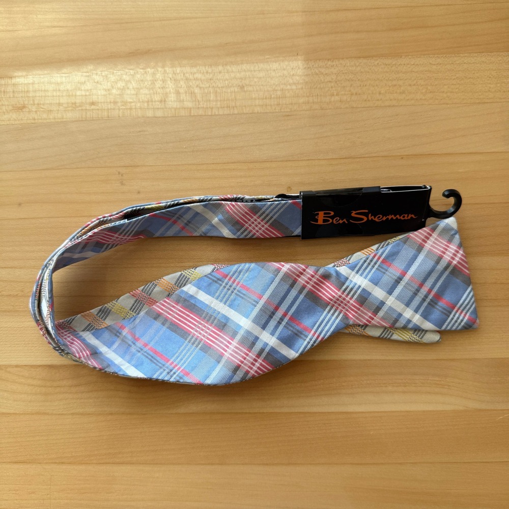 Ben Sherman Mens Silk Bow Tie Plaid Reversible Adjustable Self-Tie